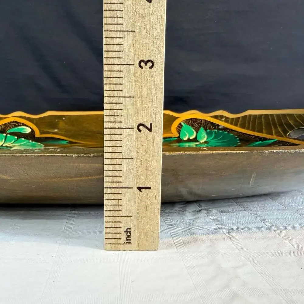 Oval Wood Serving Tray Green Floral Folk Art Gold Trim Handles Large 17in Mexico